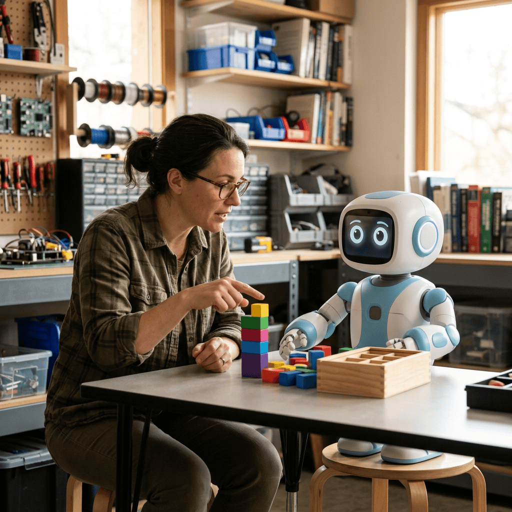 Woman and a robot stacking colorful blocks on a table