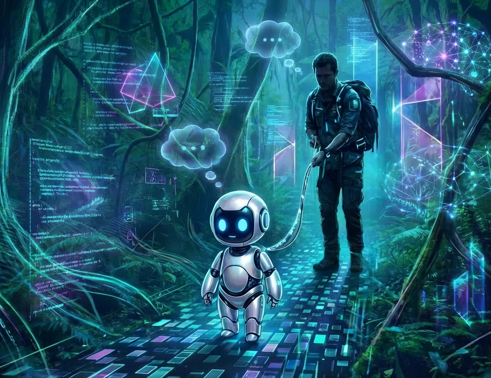 A man walks a small white robot on a leash through a digital jungle.