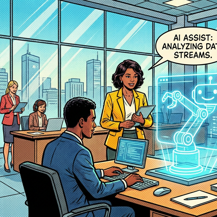 Comic illustration with text: 'AI ASSIST: ANALYZING DATA STREAMS' and 'THANKS, ROBBO! PROJECT TIMELINE OPTIMIZED.'