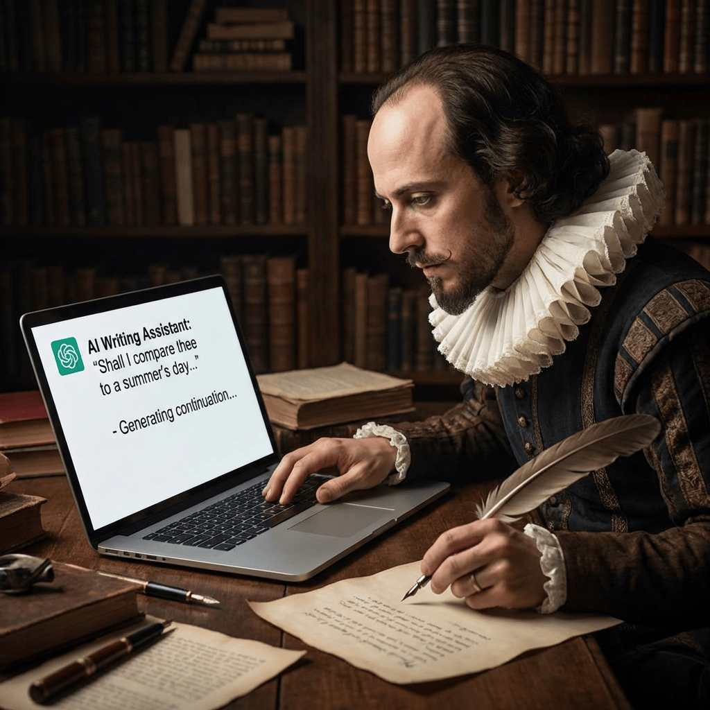 Shakespeare using laptop displaying "AI Writing Assistant: 'Shall I compare thee...' - Generating continuation..."